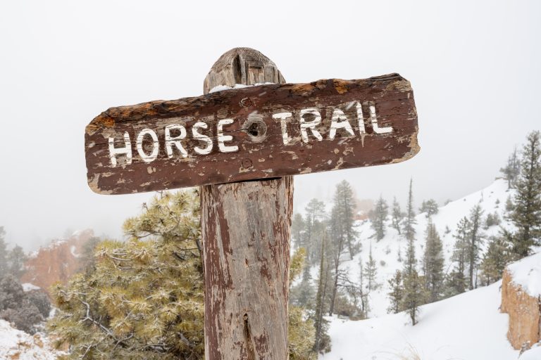 Snowy Bryce canyon behind Horse Trail Sign